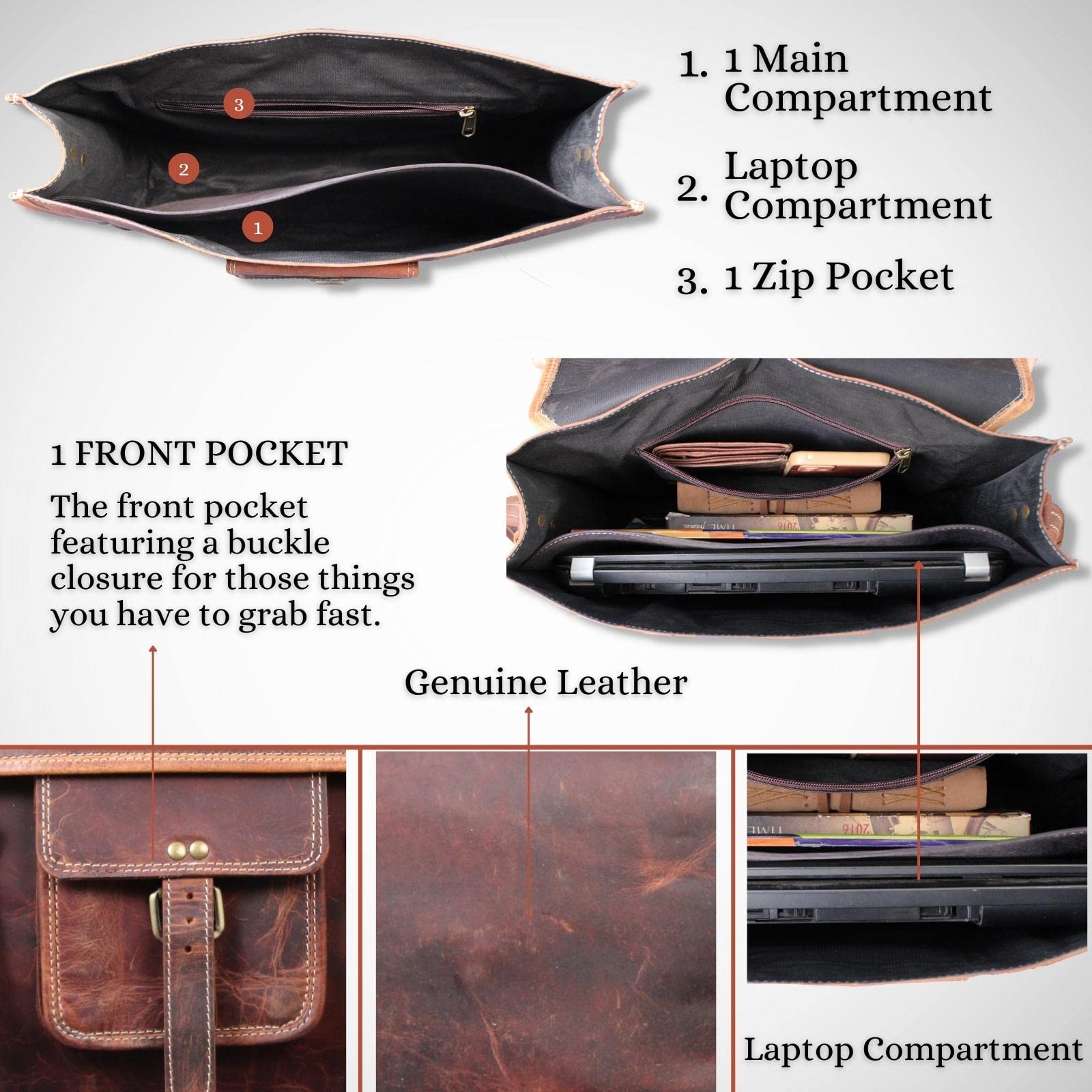  Genuine Buffalo Leather Briefcase Bag Men's Messenger Brown Work Laptop Bag